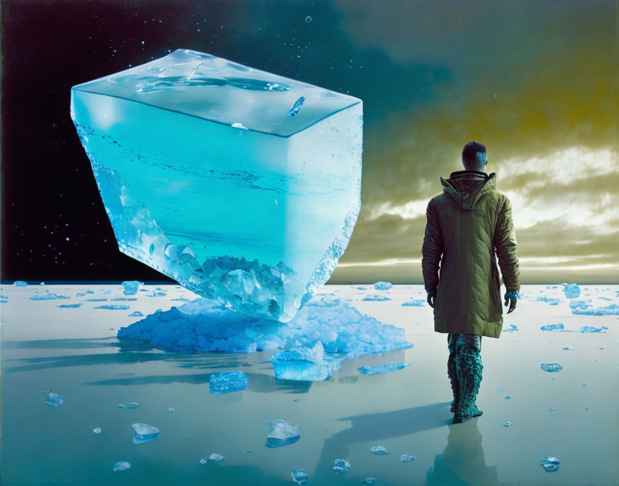 Person in winter coat gazes at levitating ice cube on icy surface under aurora-filled sky