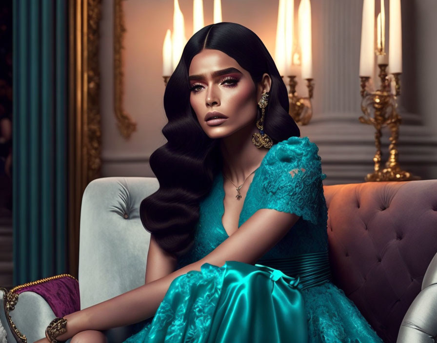 Person in Turquoise Dress with Luxurious Hair and Makeup in Opulent Room