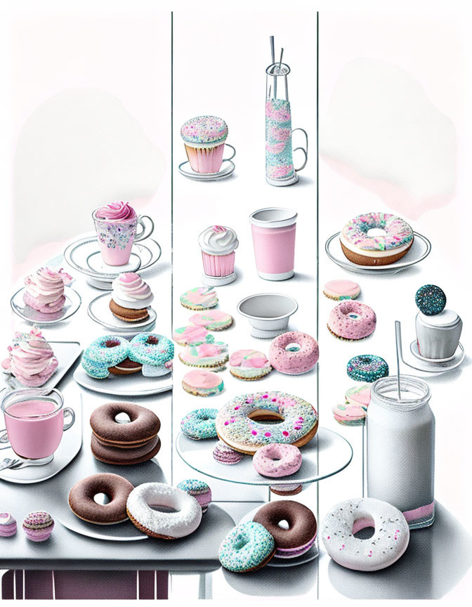 Pastel-colored cupcakes, donuts, and drinks on shelves with sprinkles