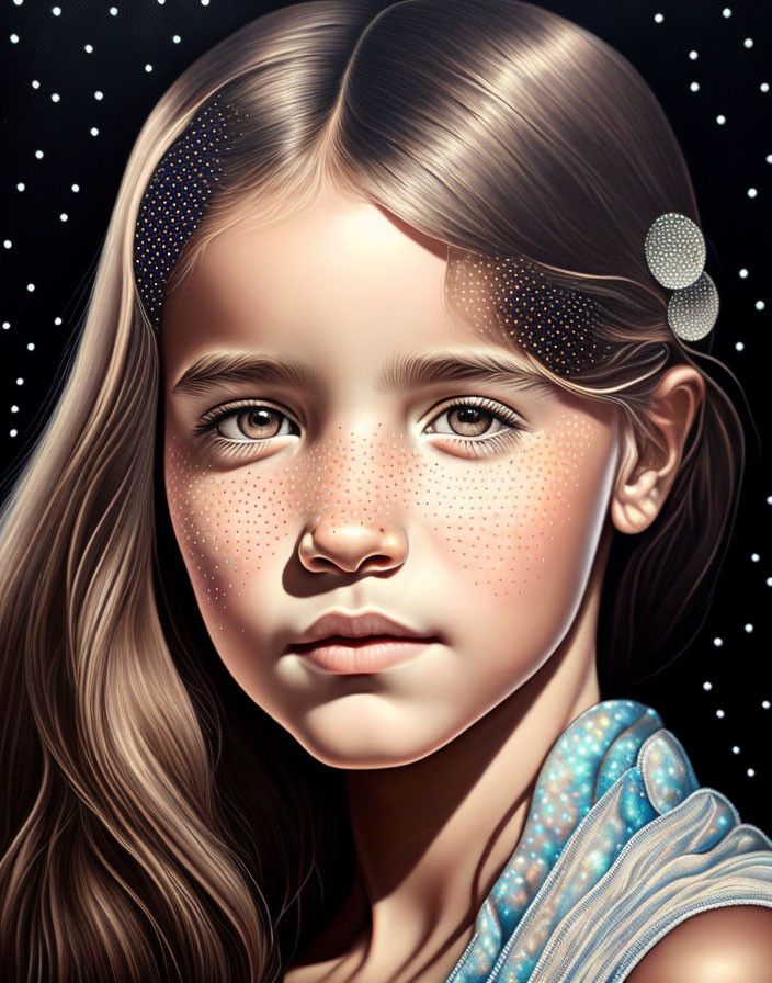 Detailed digital portrait of young girl with freckles and cosmic backdrop