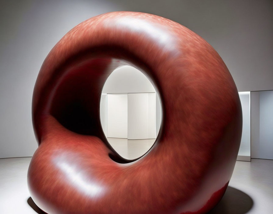 Large Glossy Red Toroidal Sculpture in Minimalist White Gallery