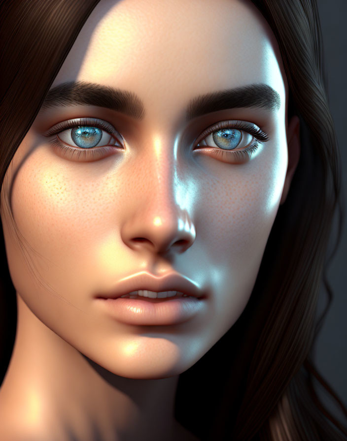 Close-up portrait of woman with blue eyes, freckles, and brunette hair in realistic 3