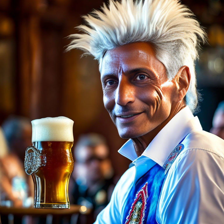 Person with white hair and beer glass in bar setting.