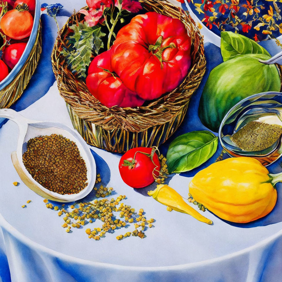 Colorful Still Life with Tomatoes, Herbs, Pepper, and Spices