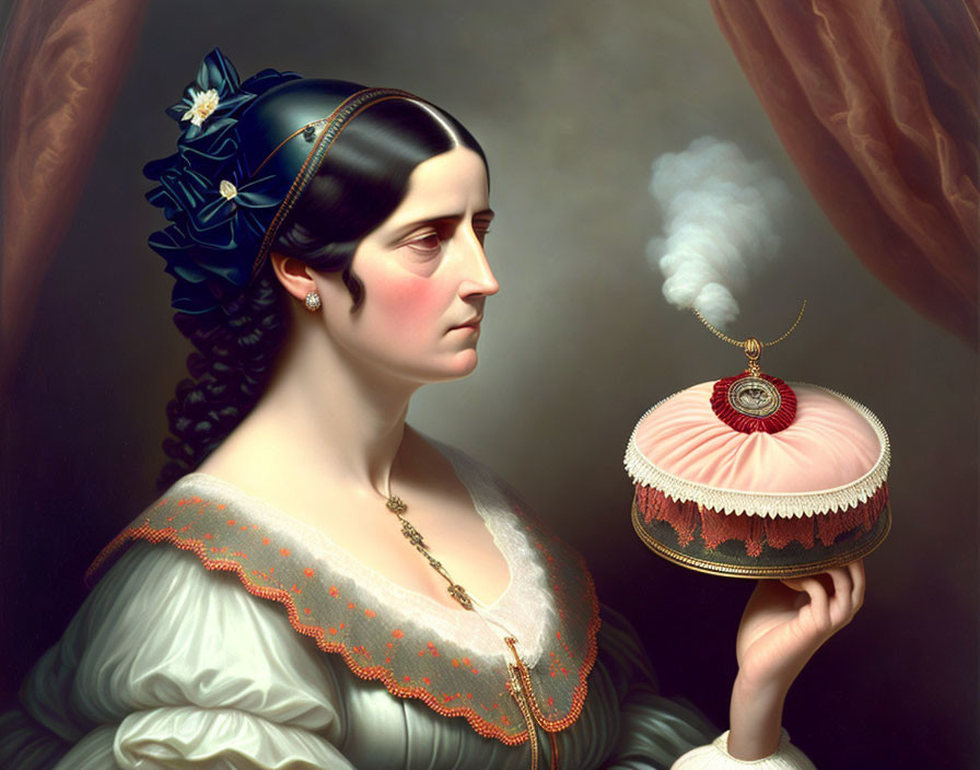 Historical woman painting with steaming pink dessert and bird decoration