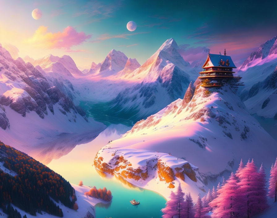 Surreal mountain landscape with traditional house and pink trees under multiple moons