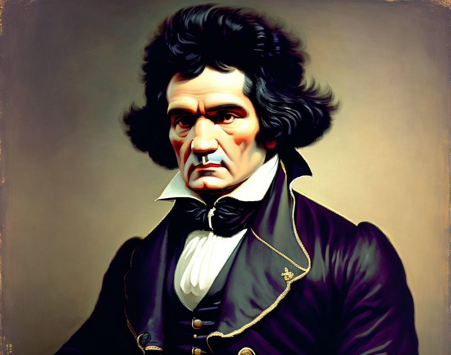 Stylized painting of man with wavy dark hair and intense gaze