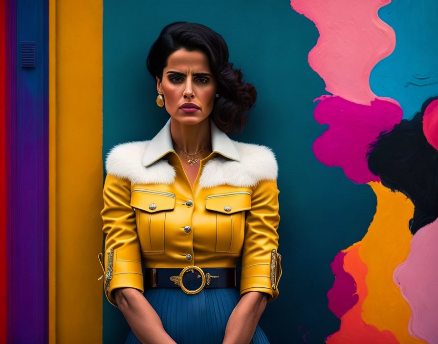 Serious woman in yellow jacket against abstract mural