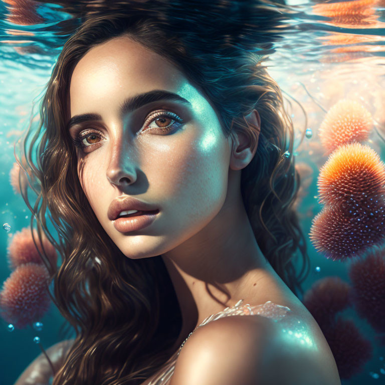 Digital artwork: Woman submerged in water with sunlight and sea anemones.