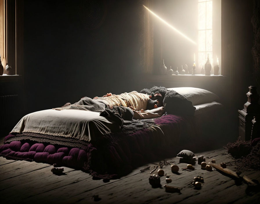 Vintage bedroom with wooden floor, person on textured bed, sunlight through window.