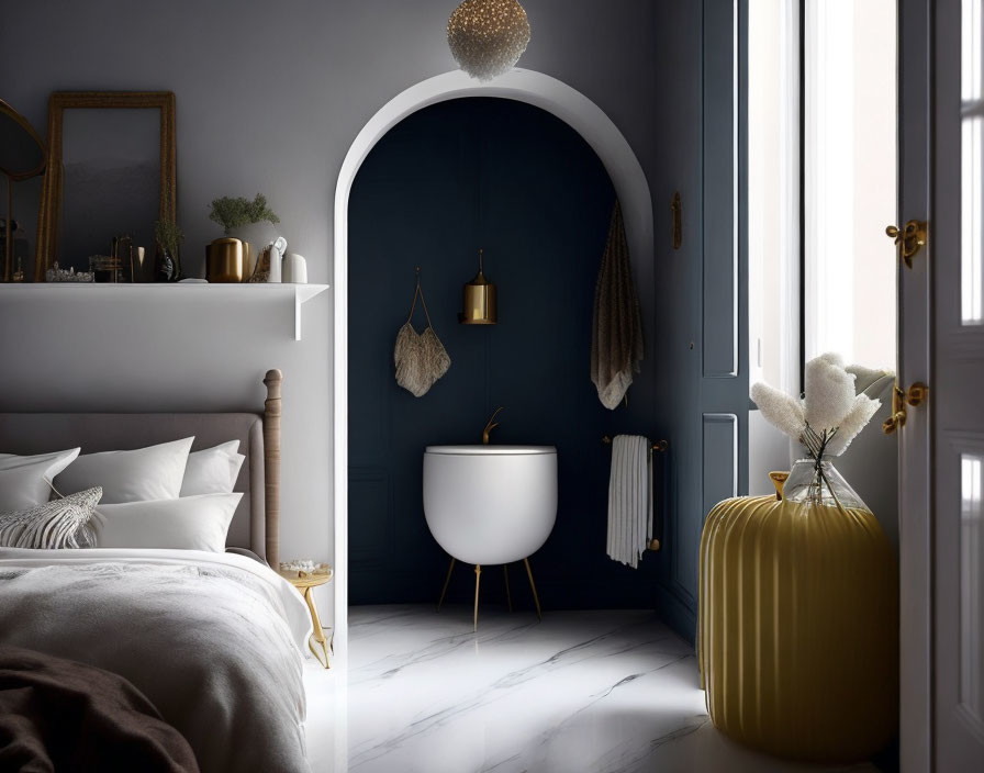 White Bed and Dark Blue Walls Bedroom with Alcove Bathtub and Gold Accents