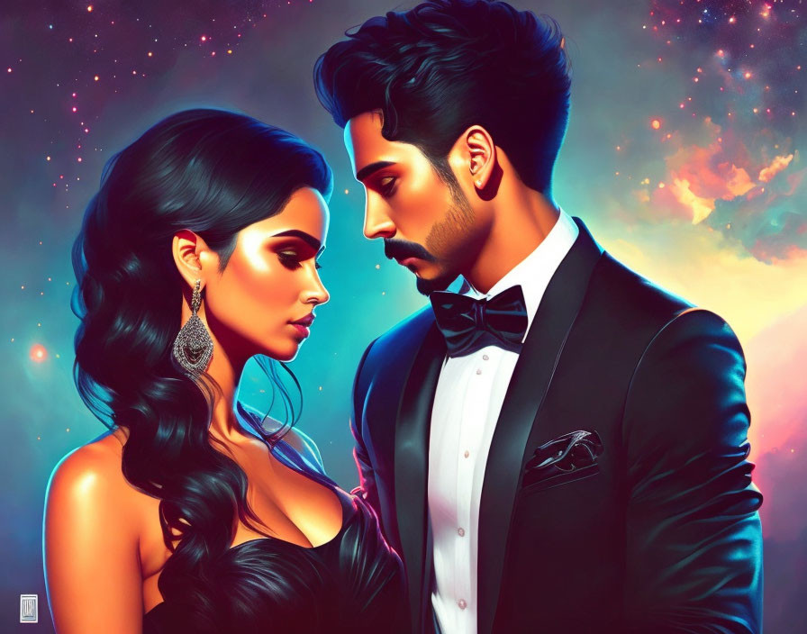 Glamorous couple in tuxedo and black dress against cosmic backdrop