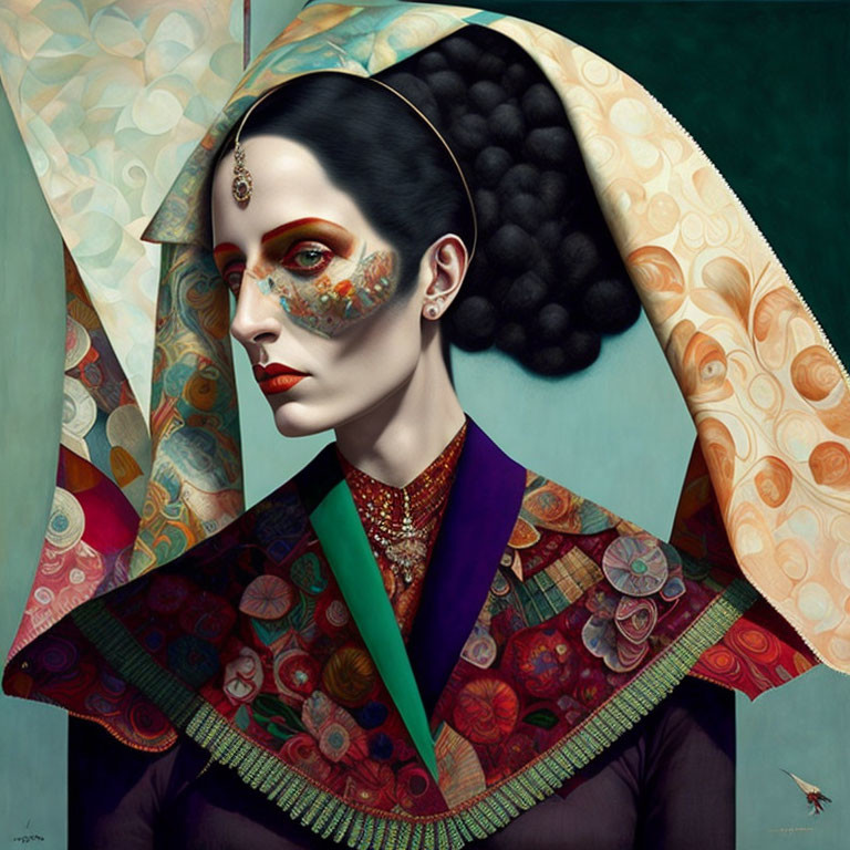 Surrealistic portrait of woman in stylized Japanese attire