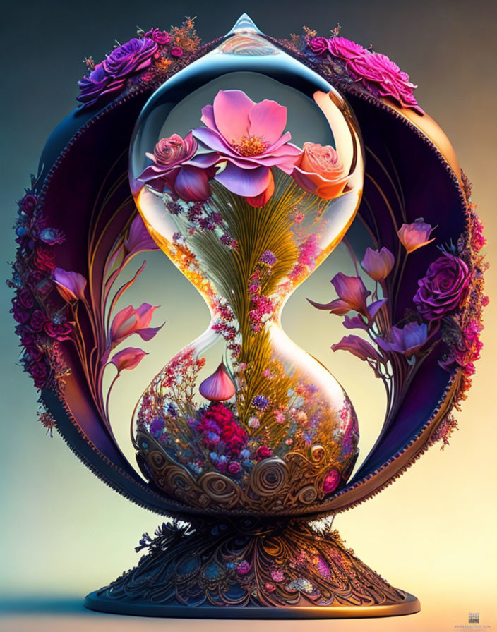 Symmetrical digital artwork: hourglass with flowers and intricate designs