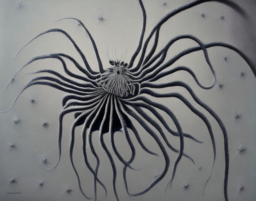 Surreal creature with elongated tendrils on textured gray background