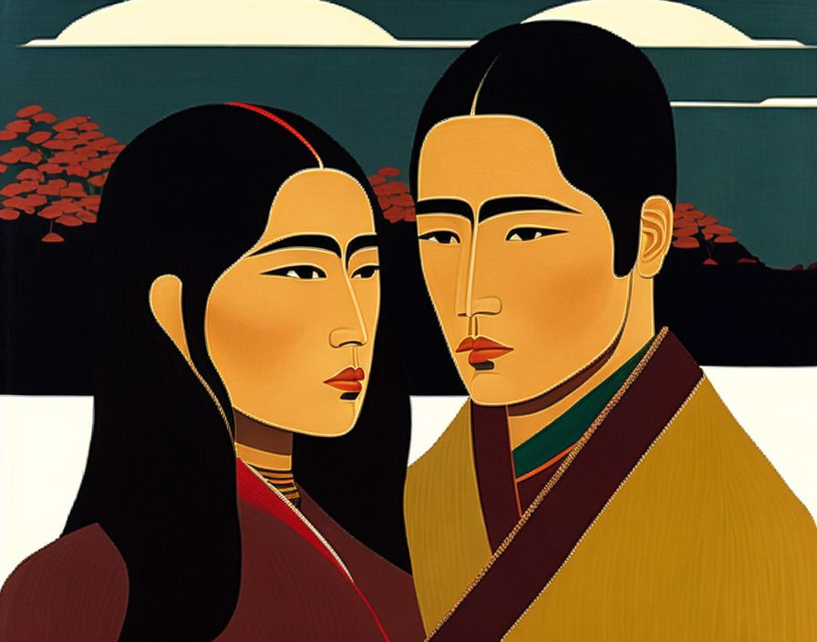 Stylized characters in traditional attire against cloud and red foliage backdrop