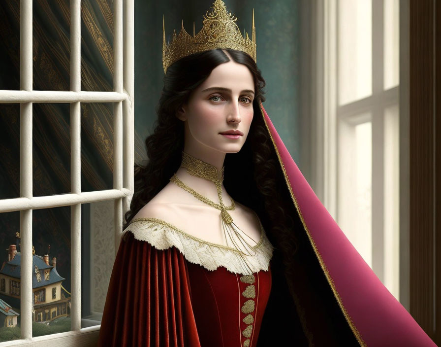 Regal woman in red velvet gown with crown and pink cape gazes out window