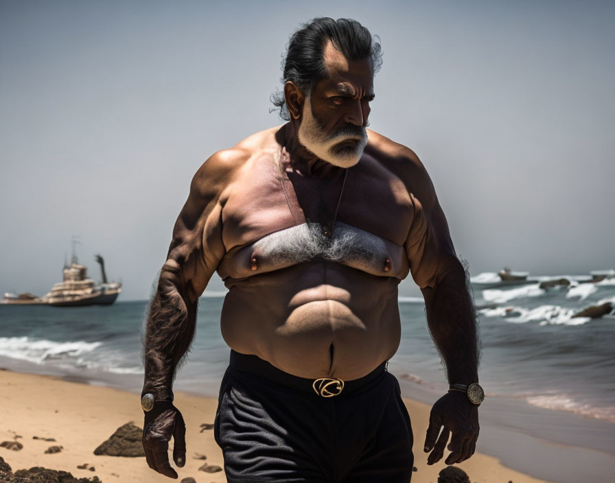 Gray-bearded muscular man on beach with ship in background