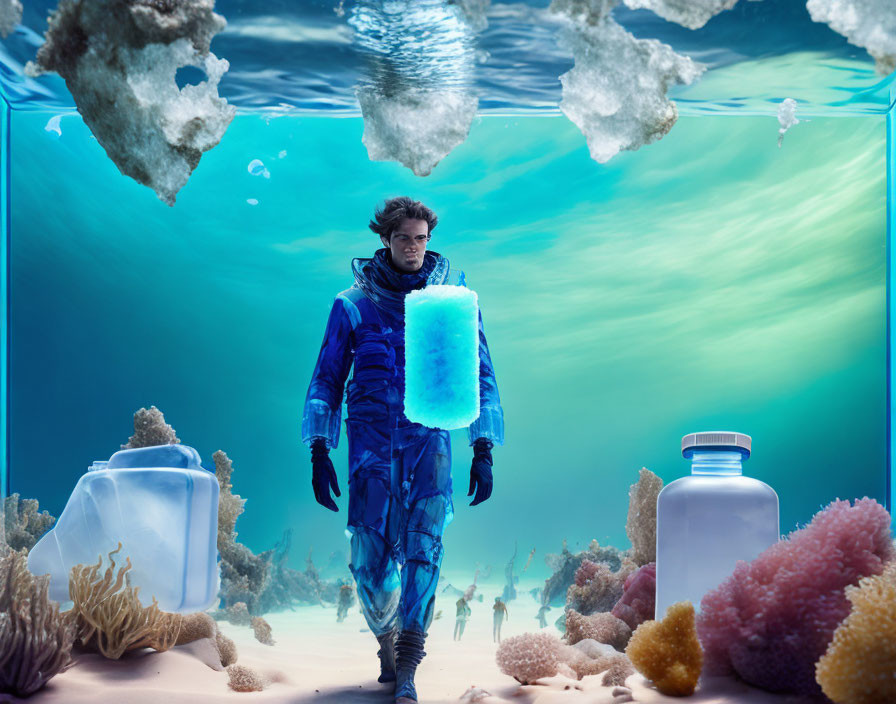 Underwater scene with clear ice block, rocks, coral, and water bottles