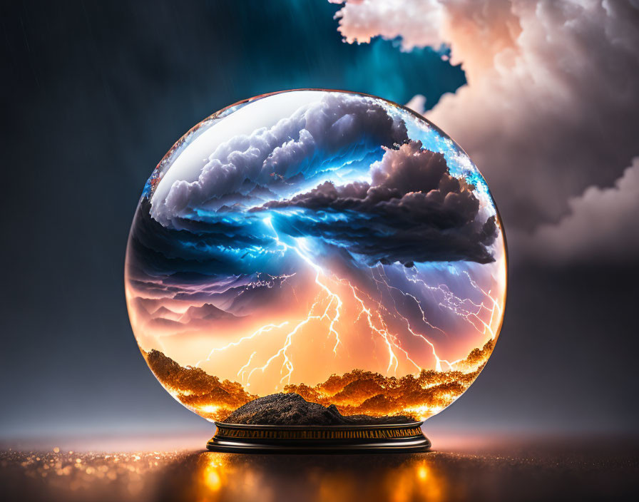 Crystal ball reflecting storm lightning on moody sky with glowing particles.