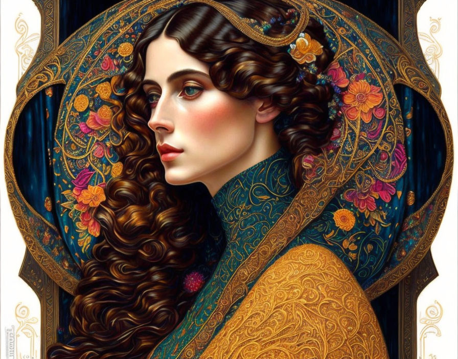 Illustrated portrait of woman with long wavy brown hair and intricate golden headwear.