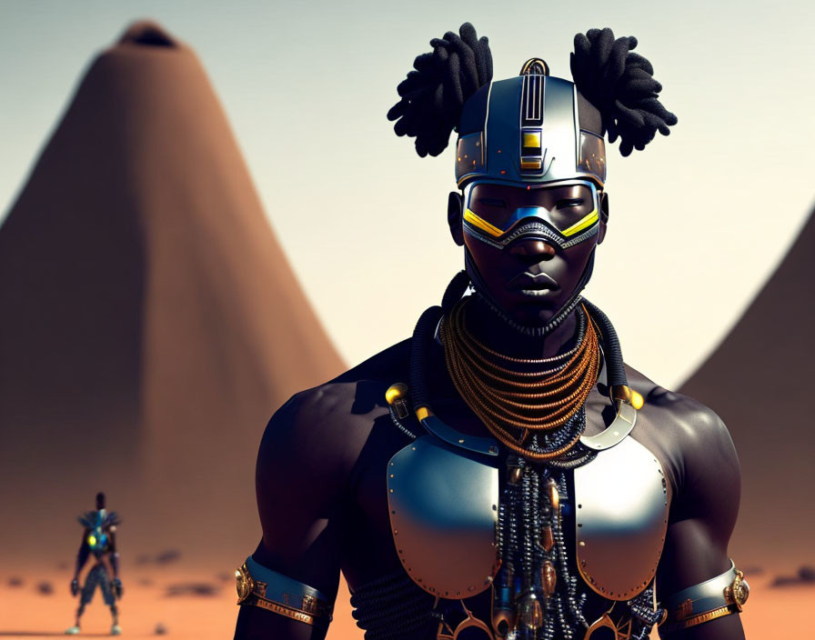 African-Inspired Robot with Tribal Mask Face in Desert