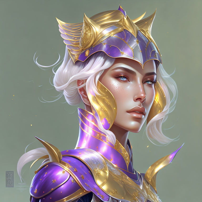 Fantasy female warrior with white hair in gold and purple armor