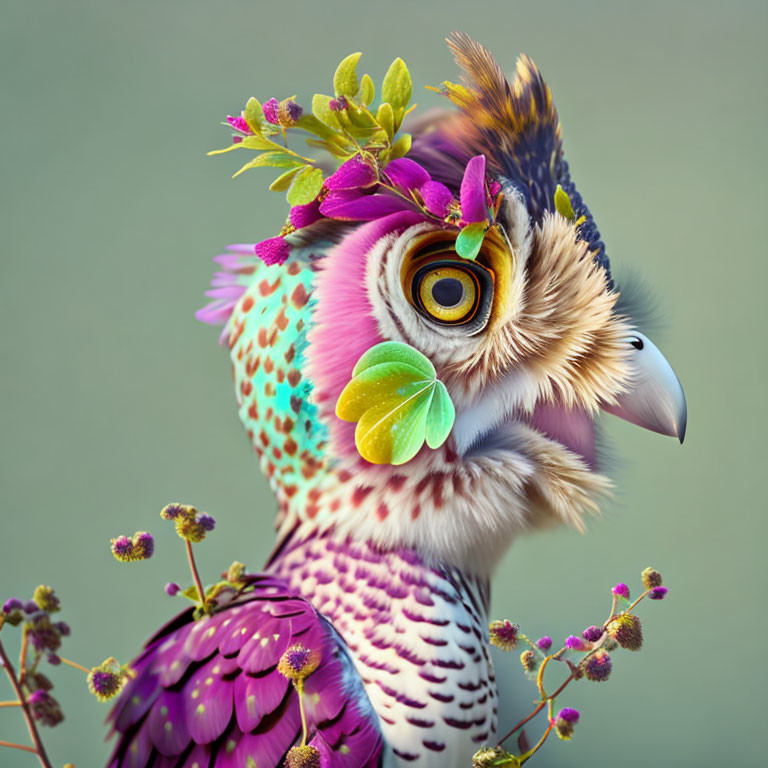 Colorful Owl Portrait with Flowers, Leaves, and Feathers on Green Background