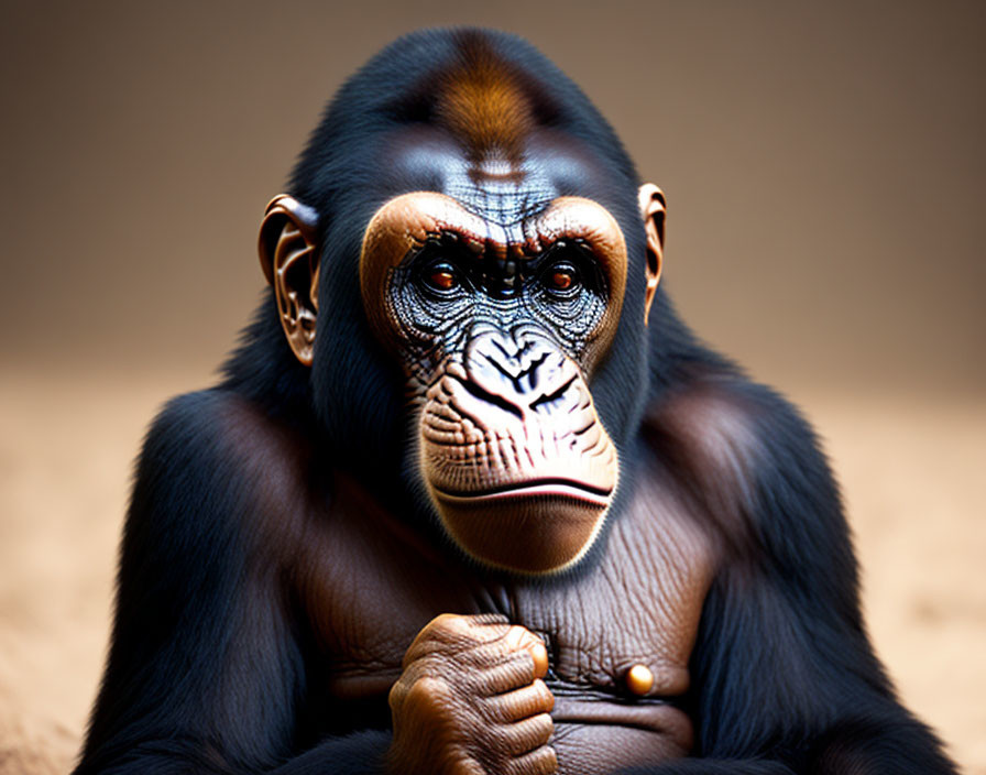 Contemplative chimpanzee with hand on chin in close-up shot