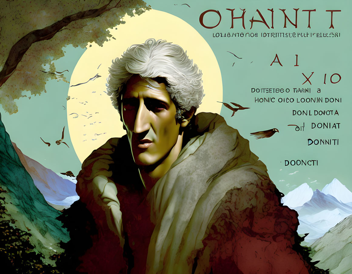 Ancient Greek philosopher digital illustration in classical attire with mountain backdrop.