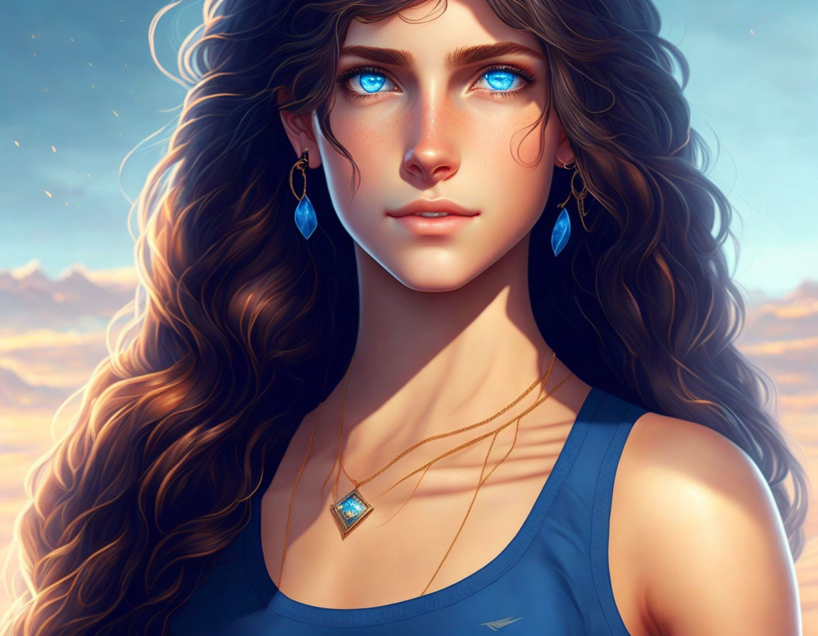 Digital artwork: Woman with blue eyes, wavy brown hair, blue earrings, necklace, under warm