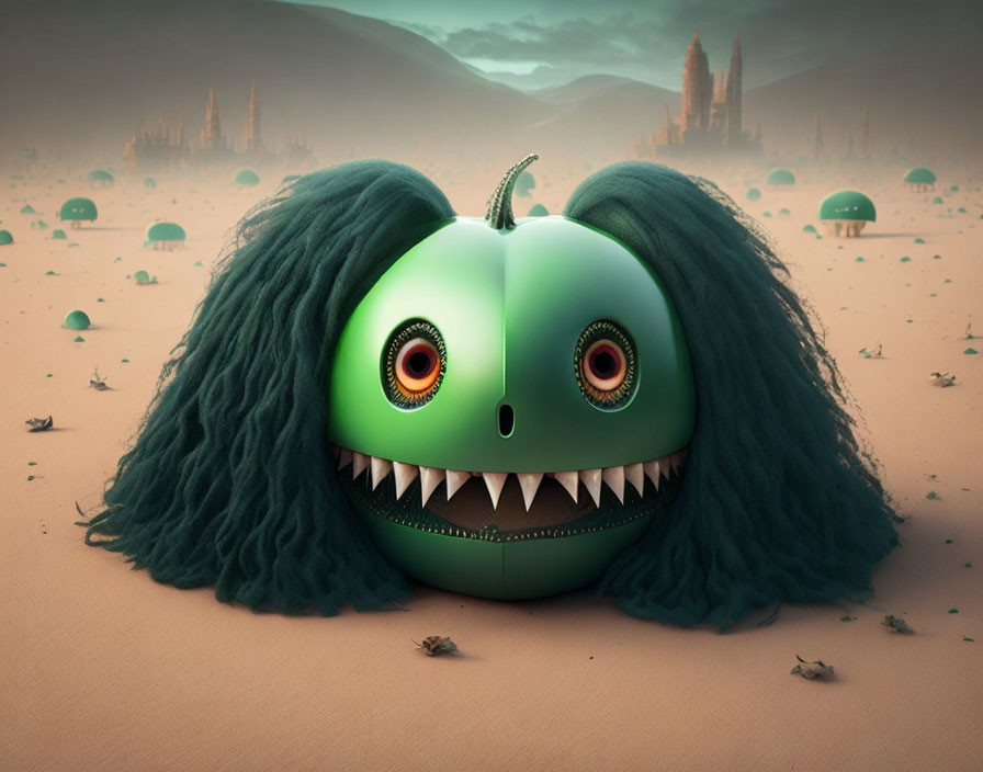 Fantastical green apple creature with eyes, teeth, and blue hair in desert with mushroom-like structures