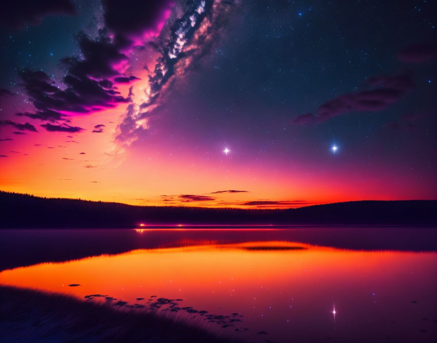 Vibrant Nighttime Scene: Starry Sky, Purple & Orange Clouds, Tranquil Lake