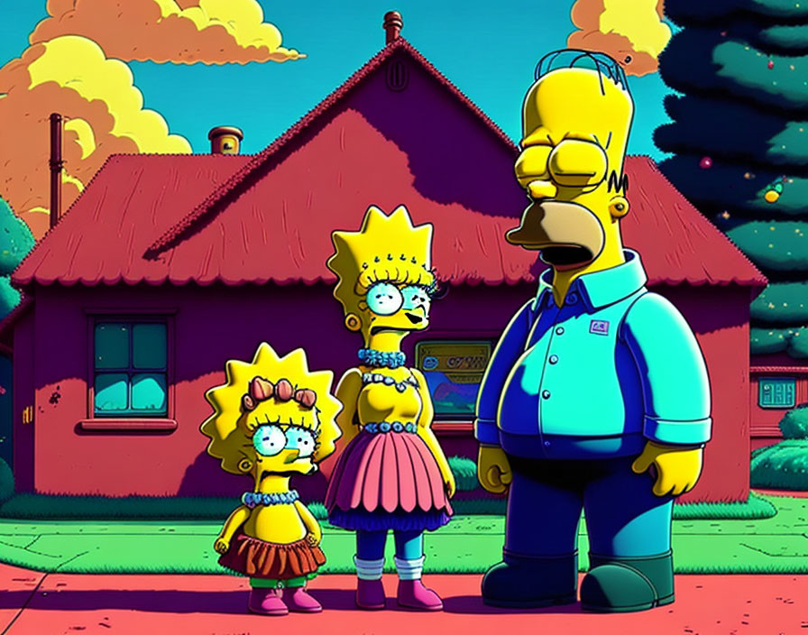 Three cartoon characters in front of iconic pink house