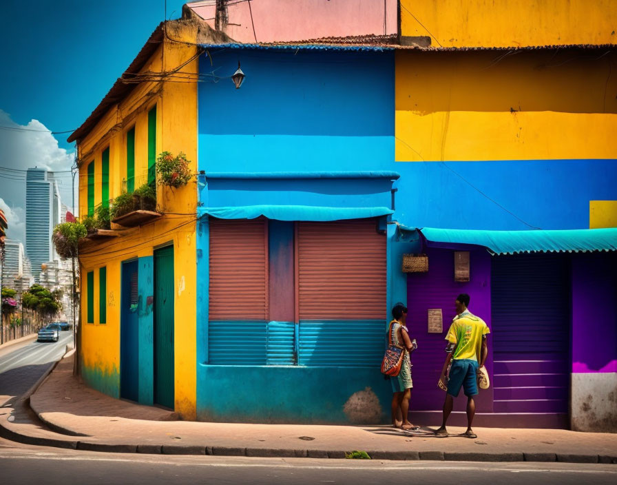 Vibrant street corner with blue and yellow buildings and two people walking.