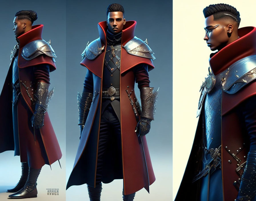 Futuristic knight armor with red cape and metallic shoulder guards