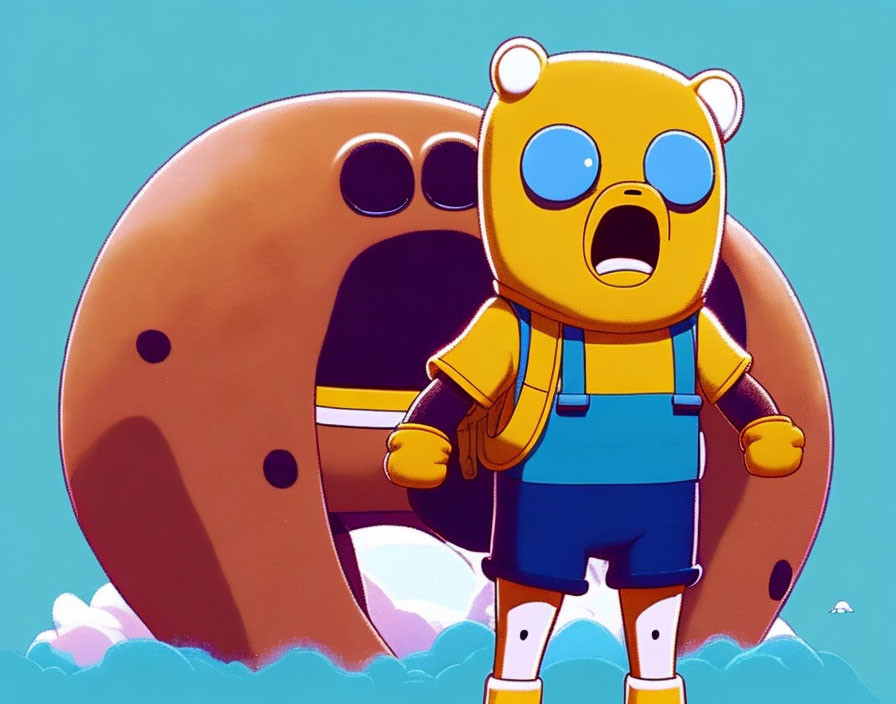 Yellow bear cartoon character with backpack and giant floating donut in teal sky