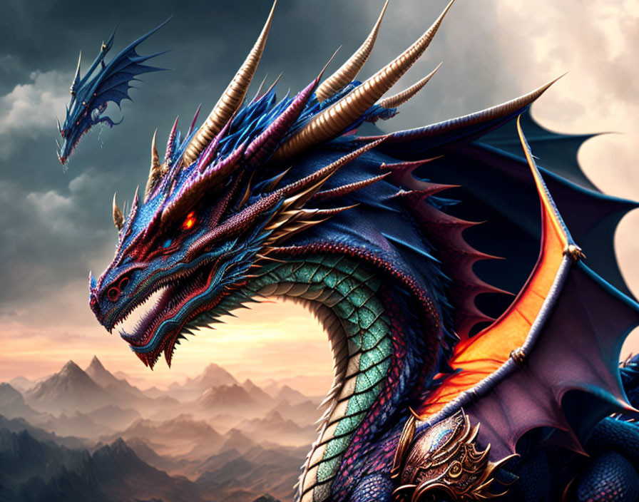 Colorful Dragon with Expansive Wings in Mountain Landscape at Dusk