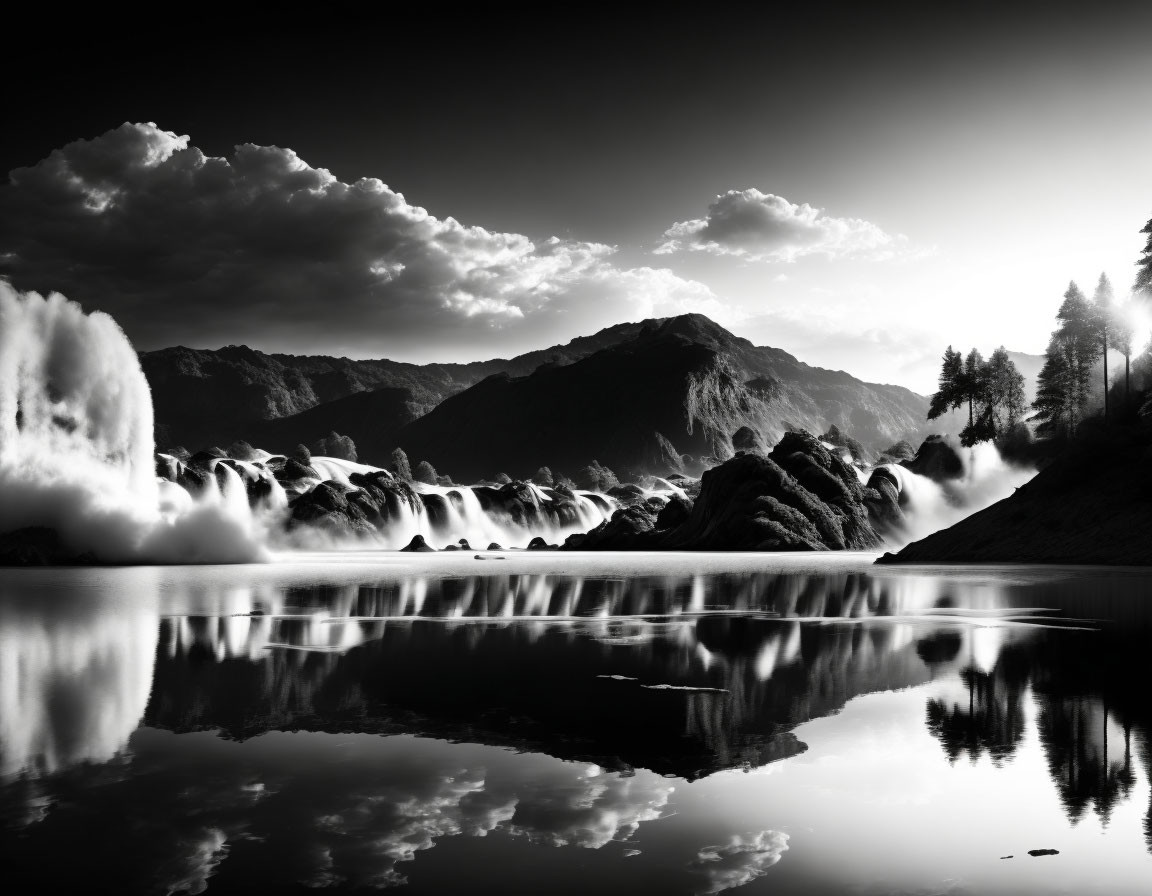 Monochrome landscape: serene lake, misty mountains, reflected clouds, silhouetted trees