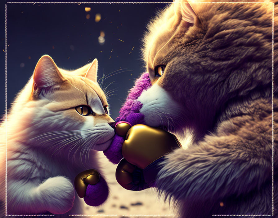 Animated cats in boxing gloves face off on dark, sparkling background