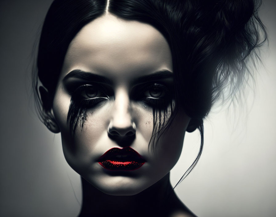 Intense Woman Portrait with Dark Makeup and Red Lips