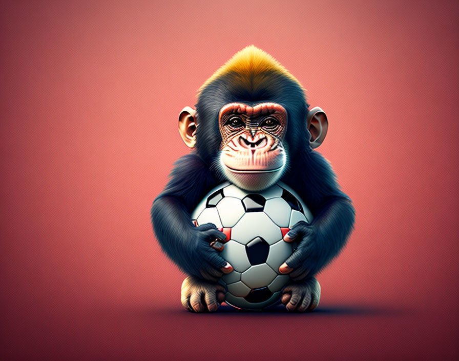 Chimpanzee with soccer ball in digital art - Red background