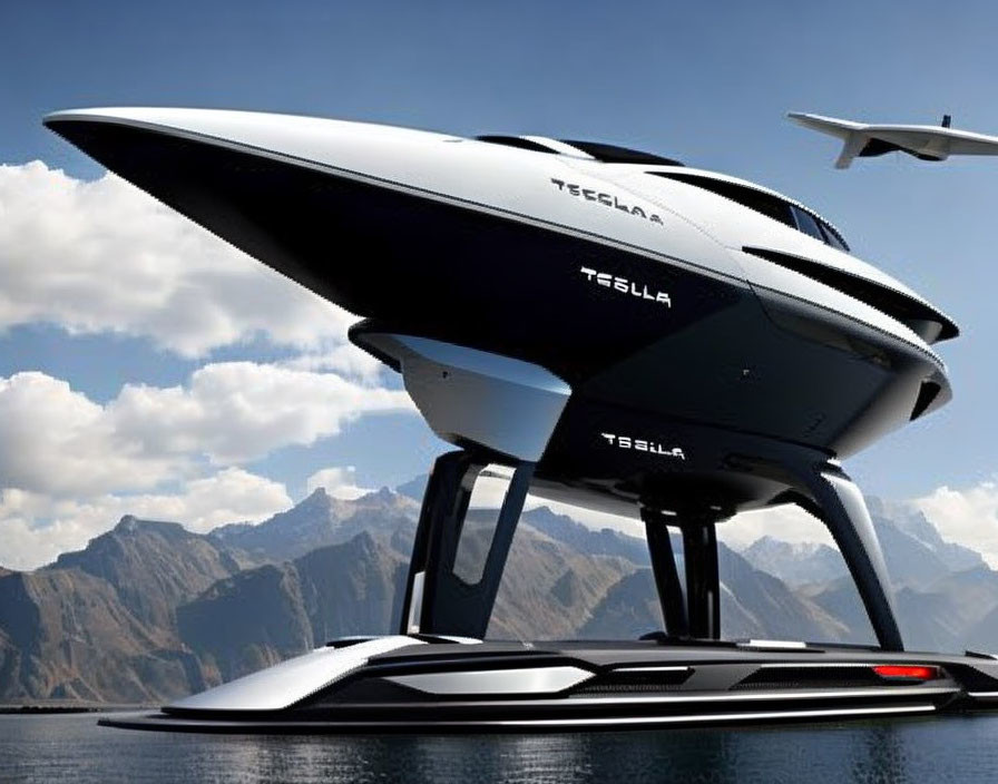 Futuristic white and black Tesla boat on calm waters with mountain backdrop