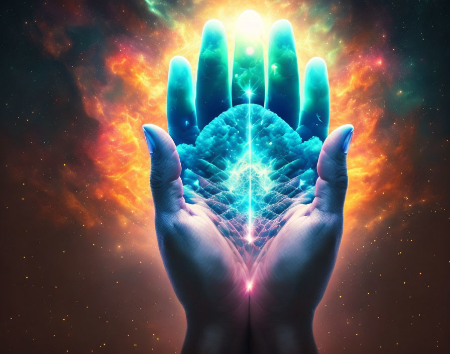 Luminous brain-like structure cradled by hands in cosmic setting