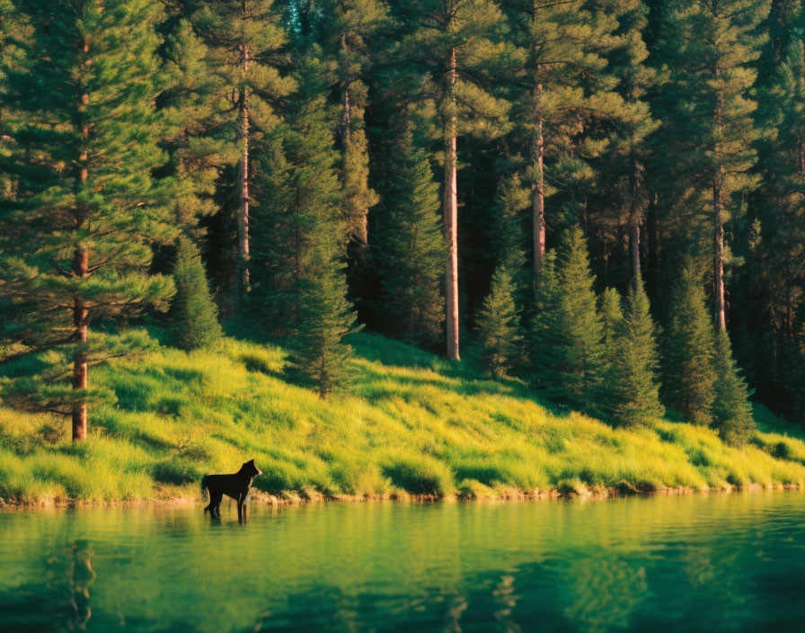 Solitary moose in tranquil lake with lush green pine trees