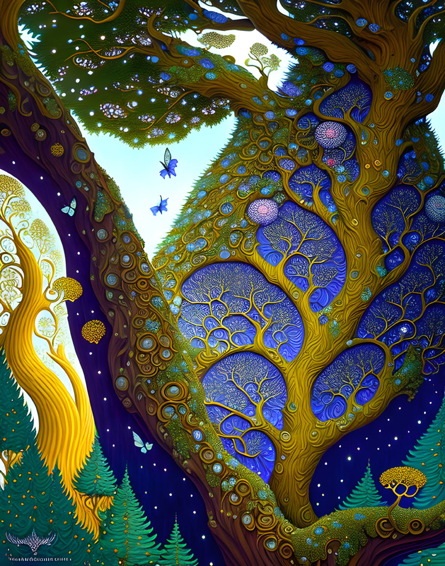 Fantastical forest scene with intricate trees and blue butterflies under starry sky