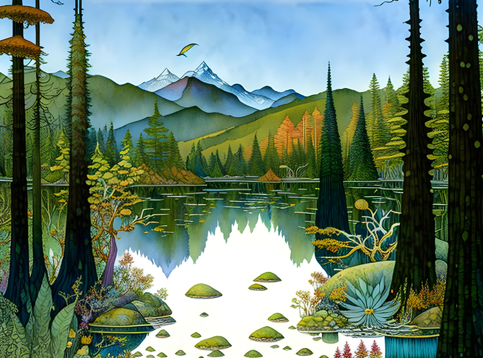 Vibrant mountain lake illustration with diverse plant life and kite flying