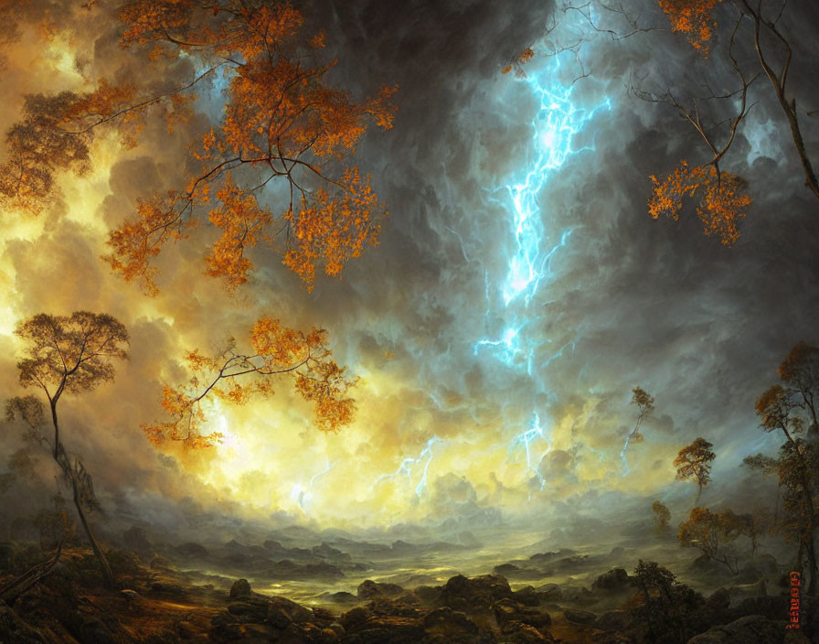 Fiery orange leaves, dark stormy clouds, intense lightning bolts landscape