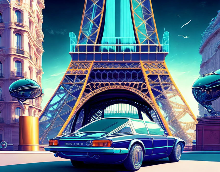 Futuristic Eiffel Tower Artwork with Classic Car & Ornate Buildings