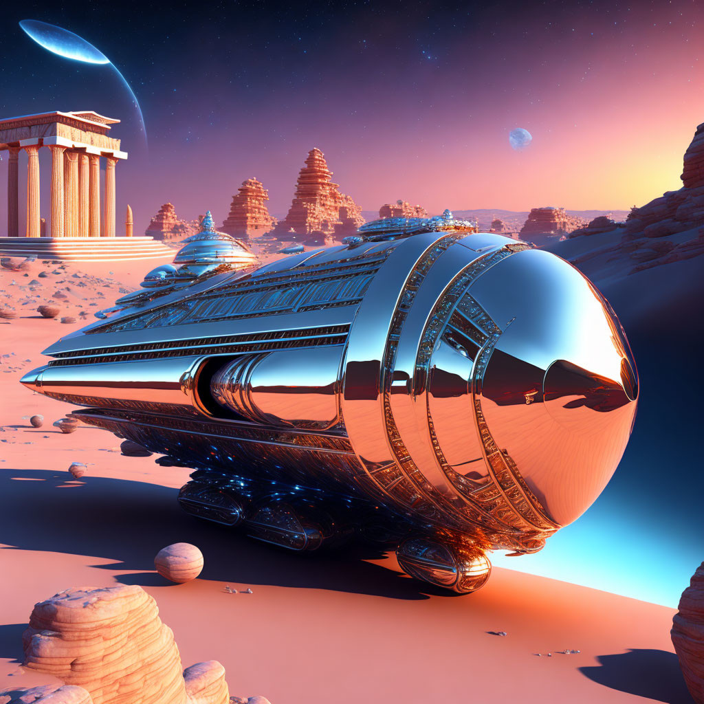 Futuristic spaceship on alien desert with ancient temples under twilight sky